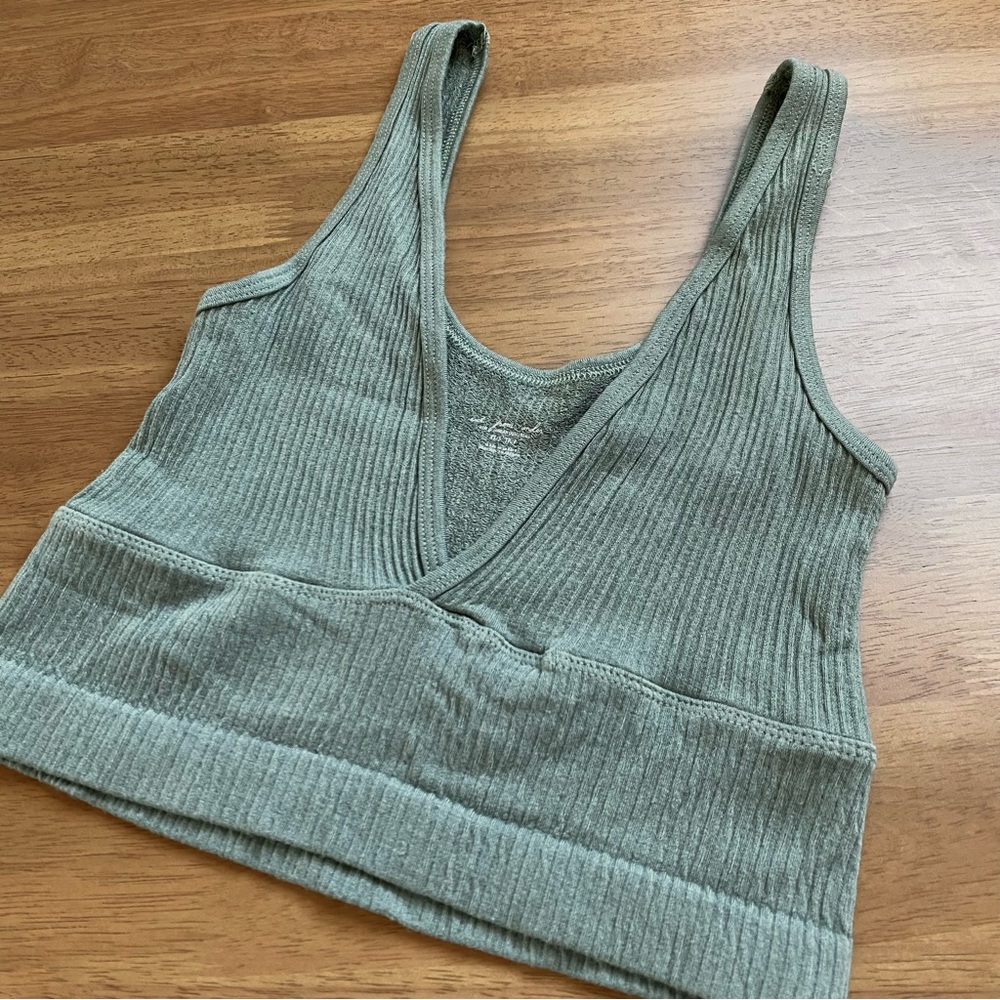 Green Ribbed Urban Outfitters Plunge Crop Top